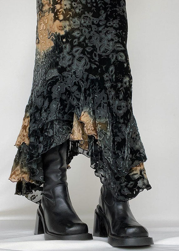 Black Asymmetrical Print Ruffled Patchwork Silk Velour Skirt
