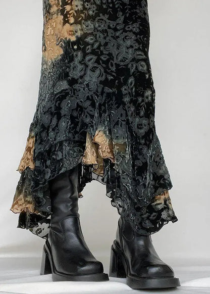 Black Asymmetrical Print Ruffled Patchwork Silk Velour Skirt