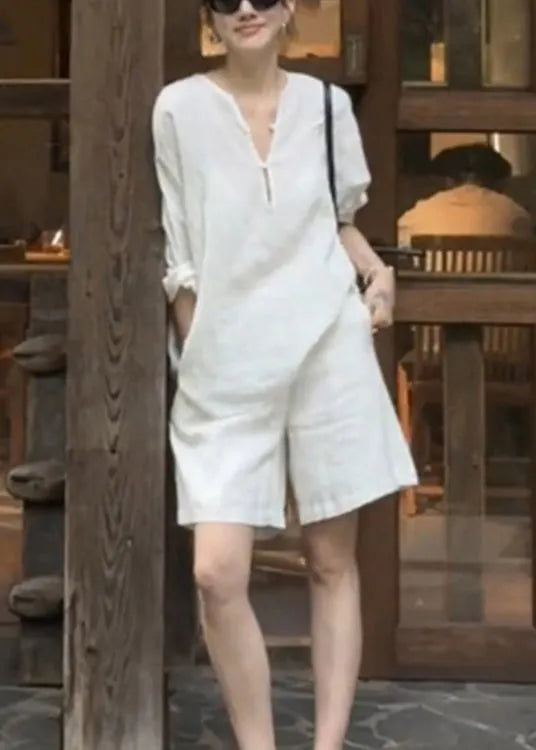 White Button Shirts and Pockets Shorts Cotton Two Pieces Set Summer
