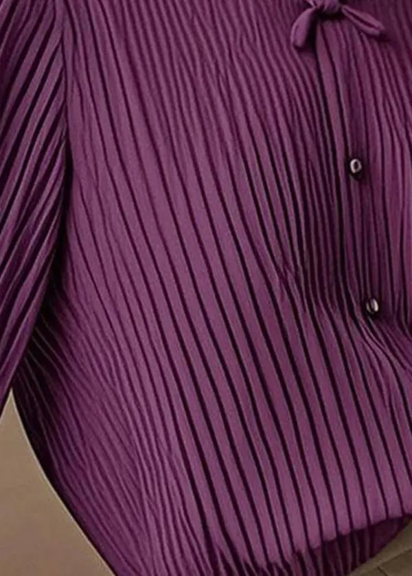 Art Purple O-neck Wrinkled Chiffon Blouse Tops Spring