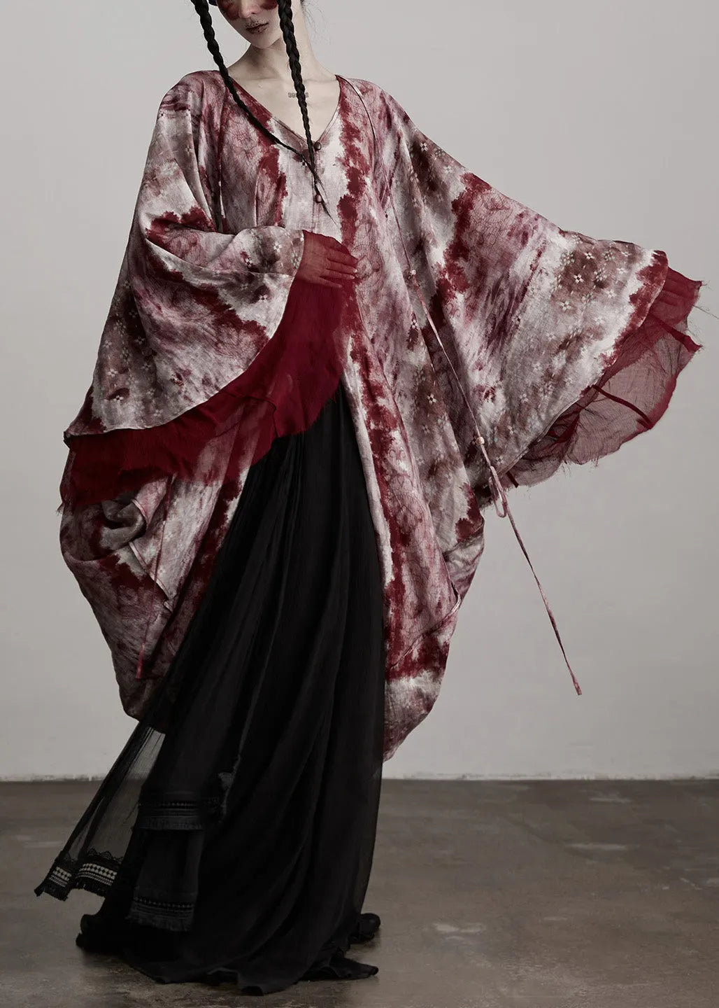 Red V Neck Asymmetrical Design Silk Cardigan Batwing Sleeve