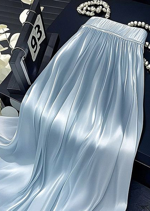 Simple Blue Wrinkled Elastic Waist Silk Skirt Summer