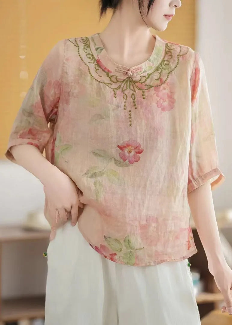 Pink Print Chinese Style Linen Top Summer
