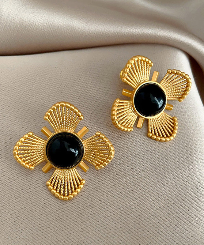 Gold Copper Crystal Hollow Out Stud Earrings