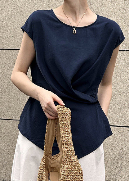Navy O-neck Asymmetrical Top Mmer