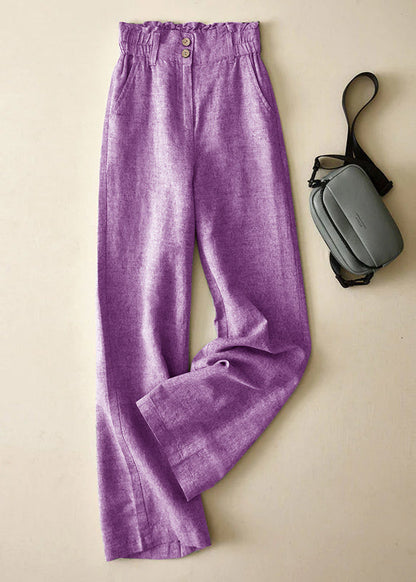 Red High Waist Button Linen Straigh Pants Summer