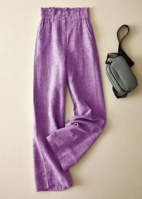 Red High Waist Button Linen Straigh Pants Summer