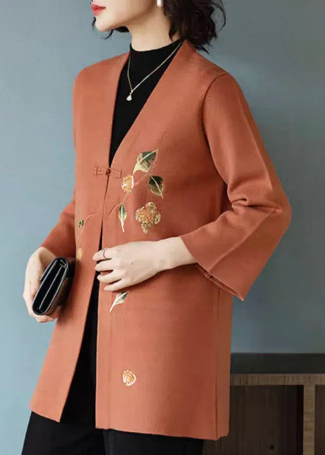 Orange Print Button Woolen Cardigan V Neck Fall