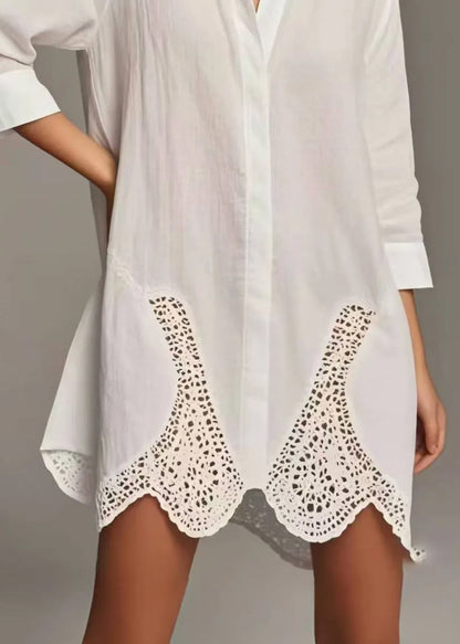Simple White Peter Pan Collar Patchwork Lace Long Shirts Spring