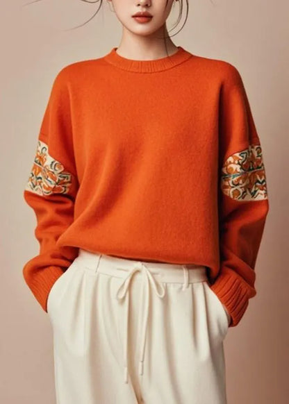 Fine Orange O-neck Cozy Cotton Fall Knit Sweater
