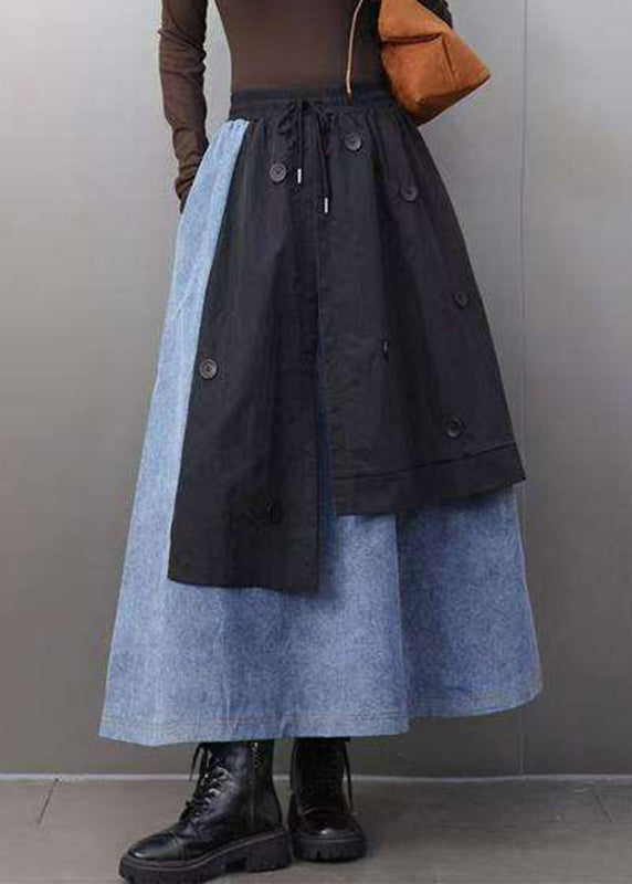 Loose Black Pockets Patchwork Deim a Line Skirts Spring