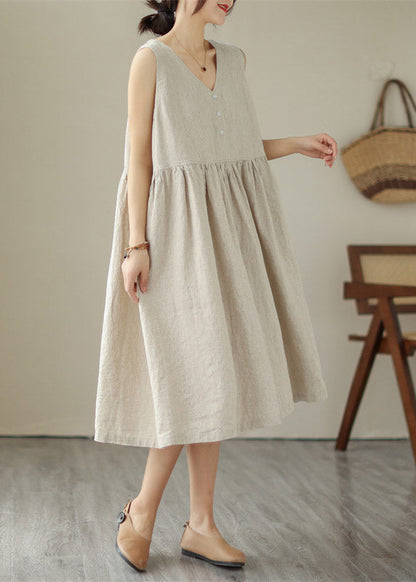 Organic Green V Neck Patchwork Wrinkled Cotton Long Dress Summer