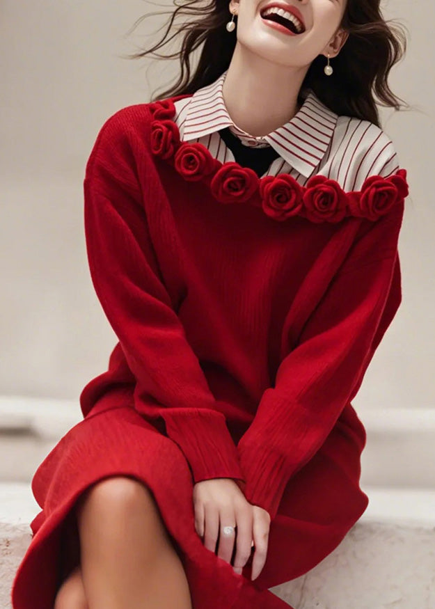 Red Slash Neck Knit Sweater Dress Fall