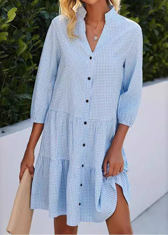 Blue V Neck Plaid Button Cotton Mid Dress Summer