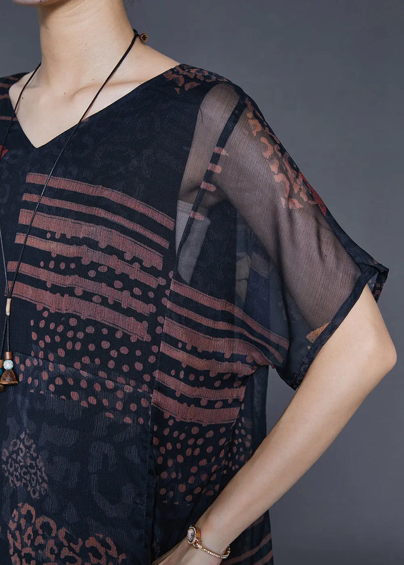 Black Oversized Print Chiffon Long Dress Summer