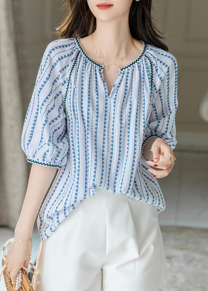 Modern Blue O-neck Chiffon Print Shirts Puff Sleeve