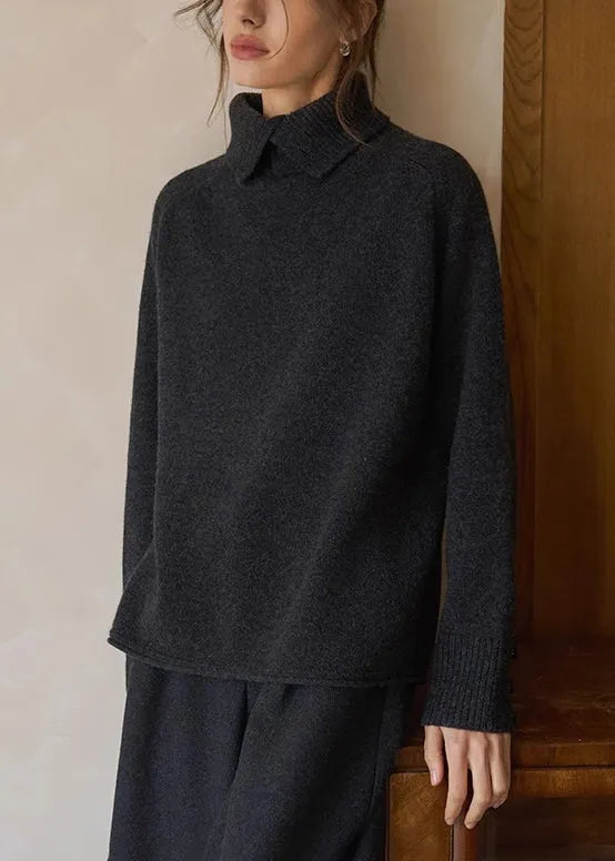 Charcoal Grey High Neck Warm Knit Shirts Winter