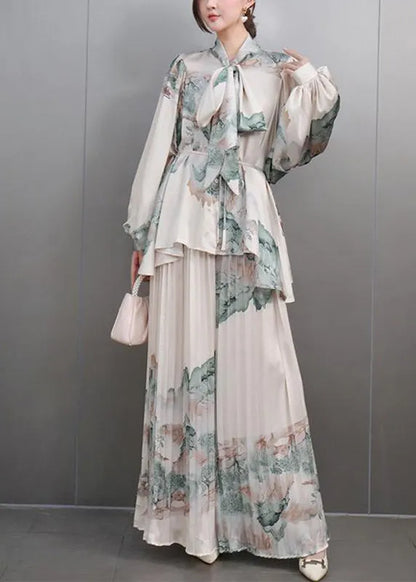 White Bow Print Chiffon Shirts and Maxi Skirts Two Pieces Set Spring