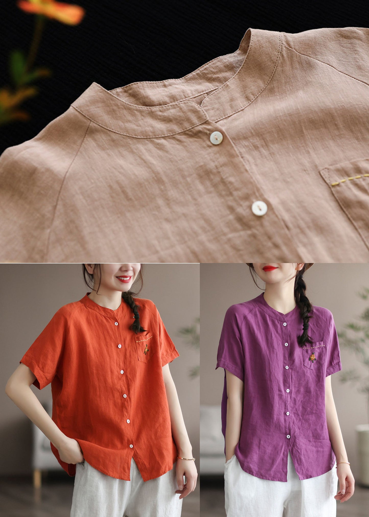 Purple Embroidered Pocket Linen Shirt Top Short Sleeve