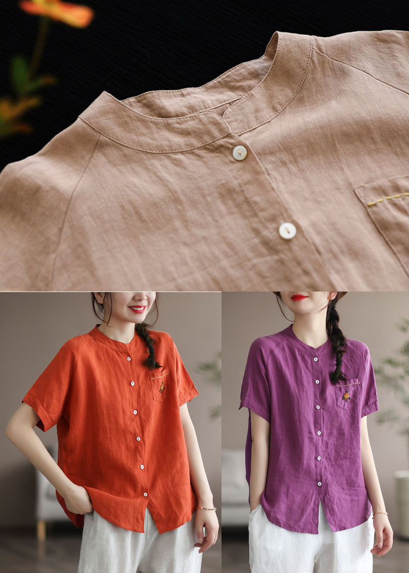 Purple Embroidered Pocket Linen Shirt Top Short Sleeve