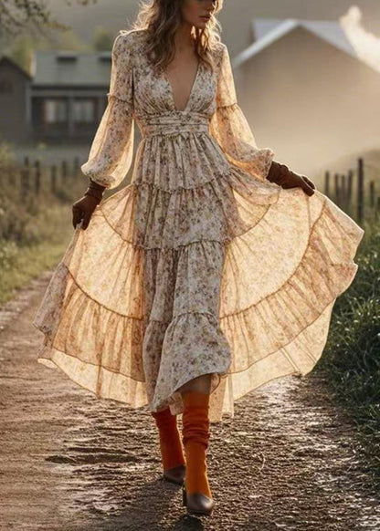 Yellow Print Patchwork Chiffon Maxi Dresses Spring