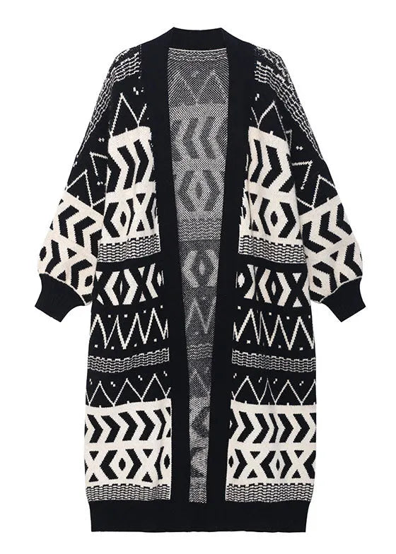 Stylish Black Pockets Button Jacquard Fall Long Knit Sweaters Coat