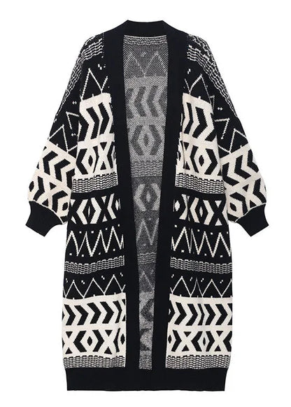 Stylish Black Pockets Button Jacquard Fall Long Knit Sweaters Coat