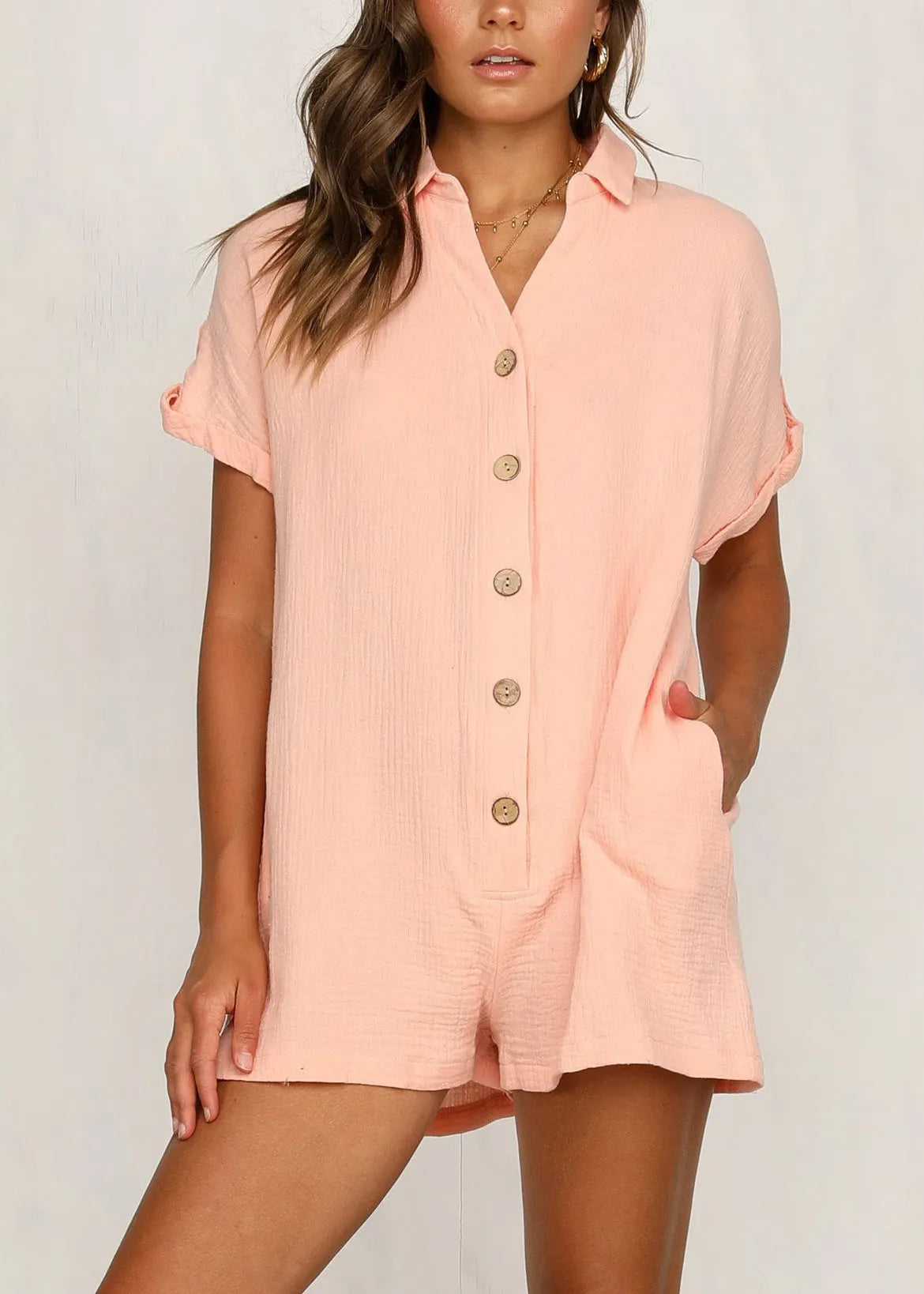 New Pink Peter Pan Collar Pockets Cotton Jumpsuit Summer