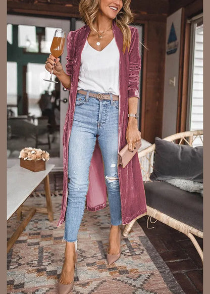 Yellow Pockets Velvet Long Coat Fall