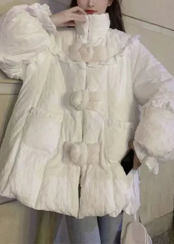 White Ruffled Pockets Patchwork Fine Cotton Filled Coats Winter