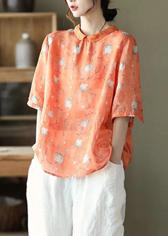 Unique Orange Peter Pan Collar Button Linen Top Half Sleeve