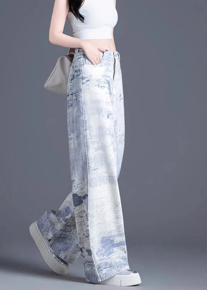 Blue Pockets Tie Dye High Waist Denim Pants Spring