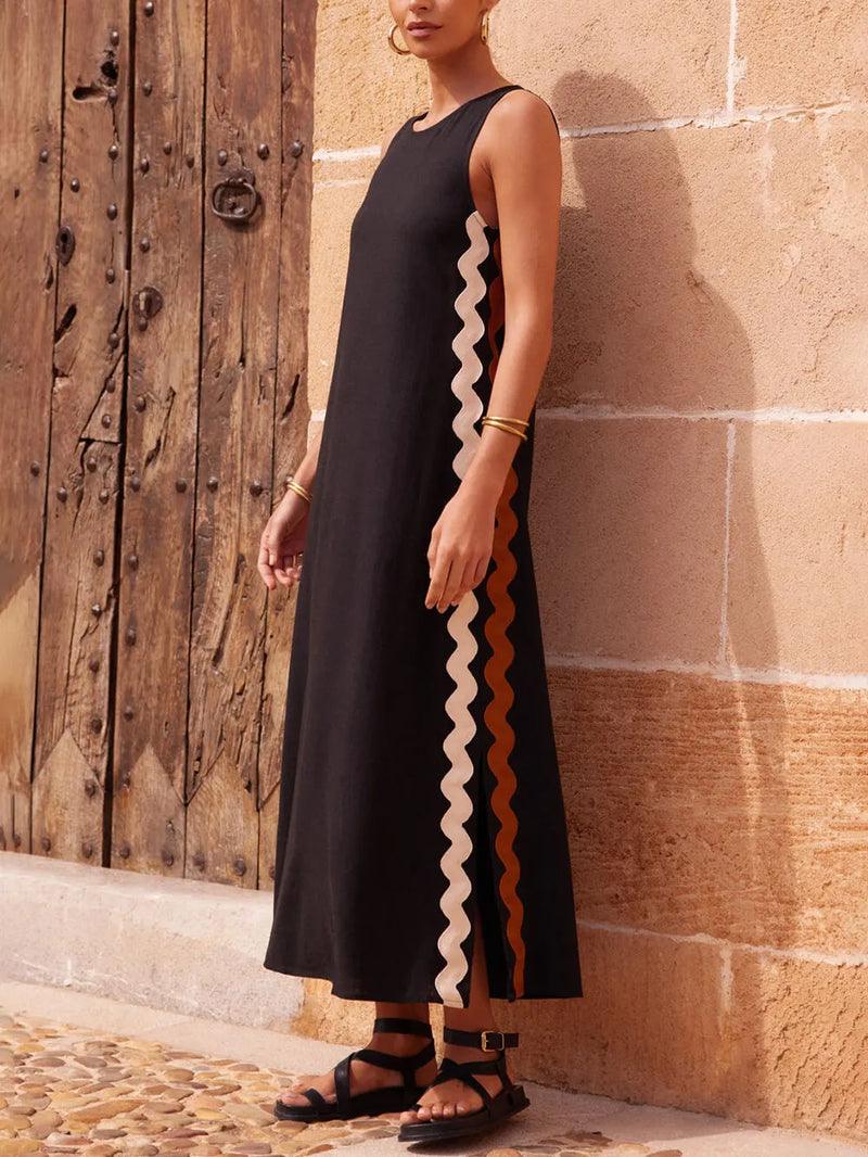 Stripes Side Wave Embellished Side Slit Loose Dress