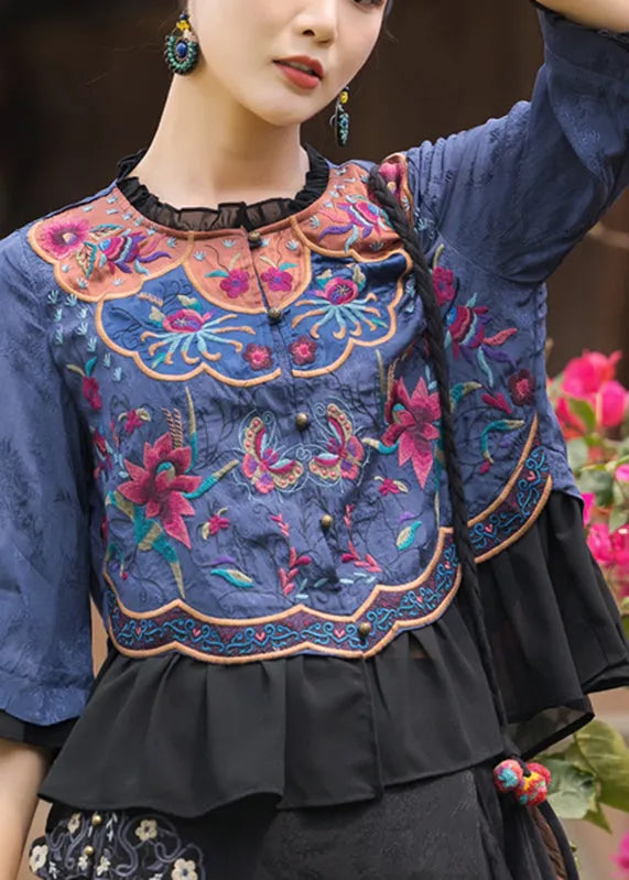 Light Blue O-neck Button Chiffon Top Long Sleeve