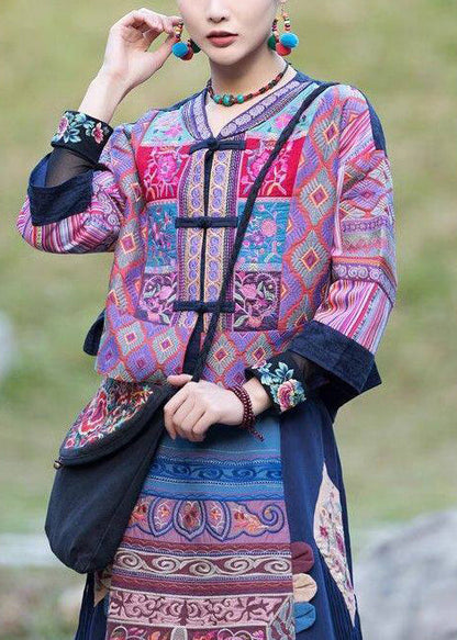Handmade Purple Embroidered Chinese Button Cotton Coat Spring