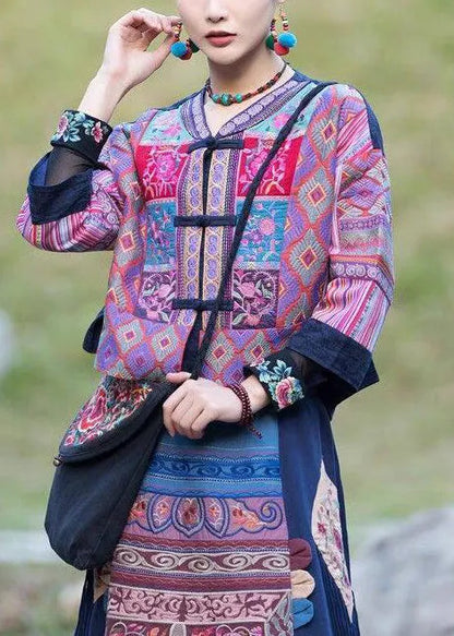 Handmade Purple Embroidered Chinese Button Cotton Coat Spring