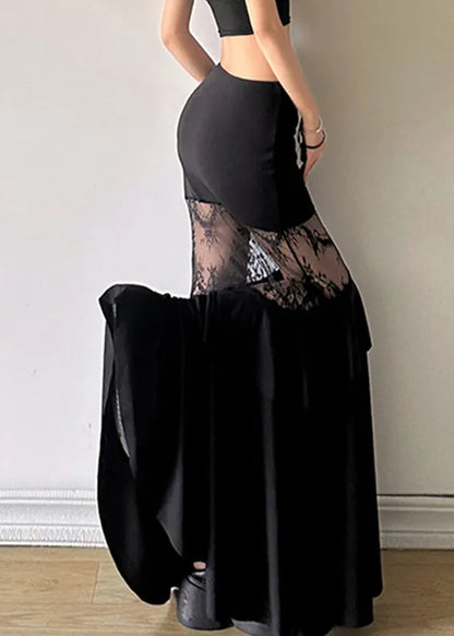 Art Black Hollow Out Lace Patchwork Fishtail Skirt Summer