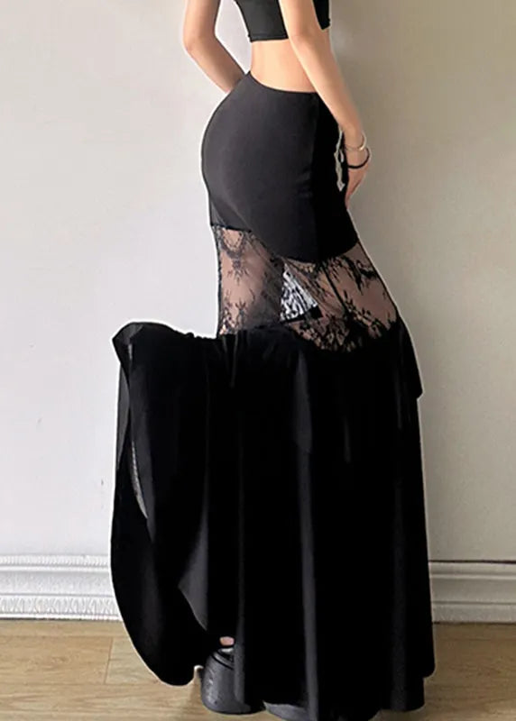 Art Black Hollow Out Lace Patchwork Fishtail Skirt Summer