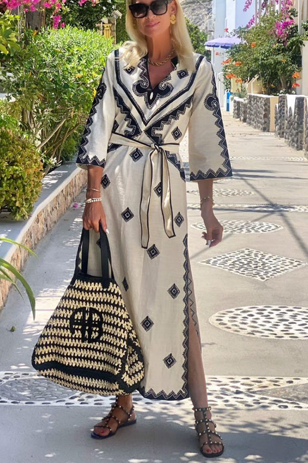 Quiet Atmosphere Linen Blend Print Belted Midi Dress