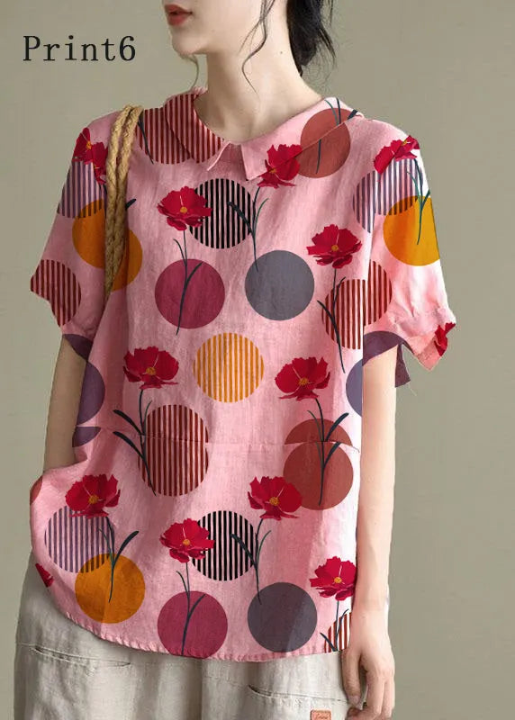 Simple Blue Bird Peter Pan Collar Patchwork Summer Linen Blouses