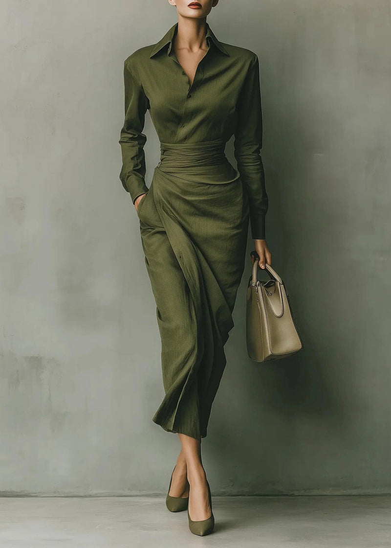 Green Peter Pan Collar Pockets Patchwork Cotton Dress Fall