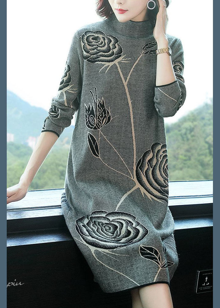 Black Stand Collar Print Knit Sweater Dress Winter