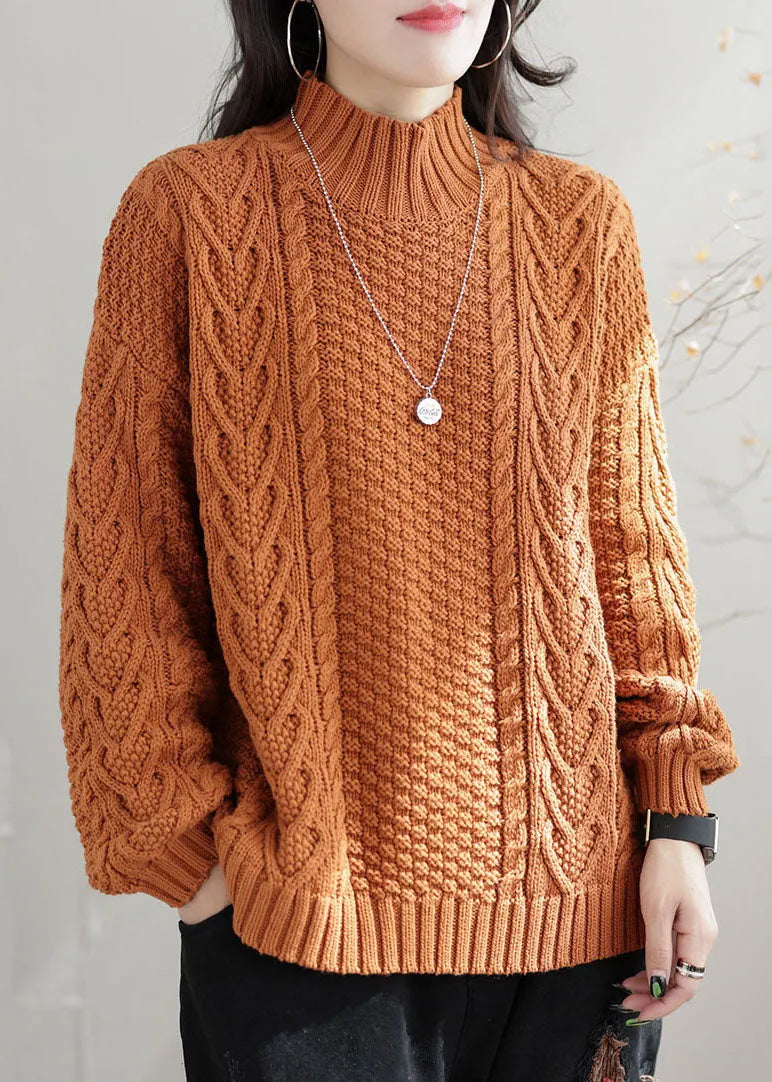 Orange High Neck Chunky Oversized Cable Knit Sweater Winter