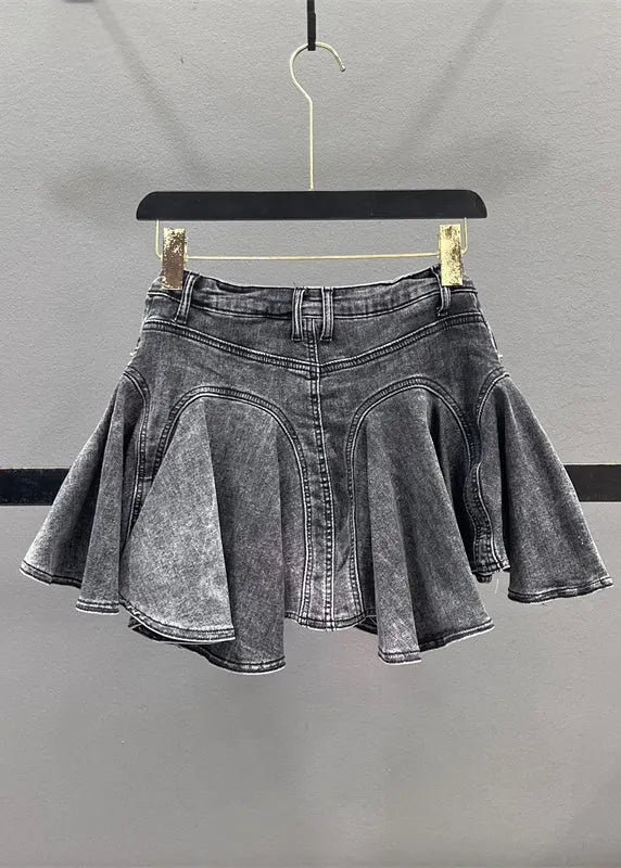 French Blue Ruffled Patchwork Denim Zippered Skirt Summer