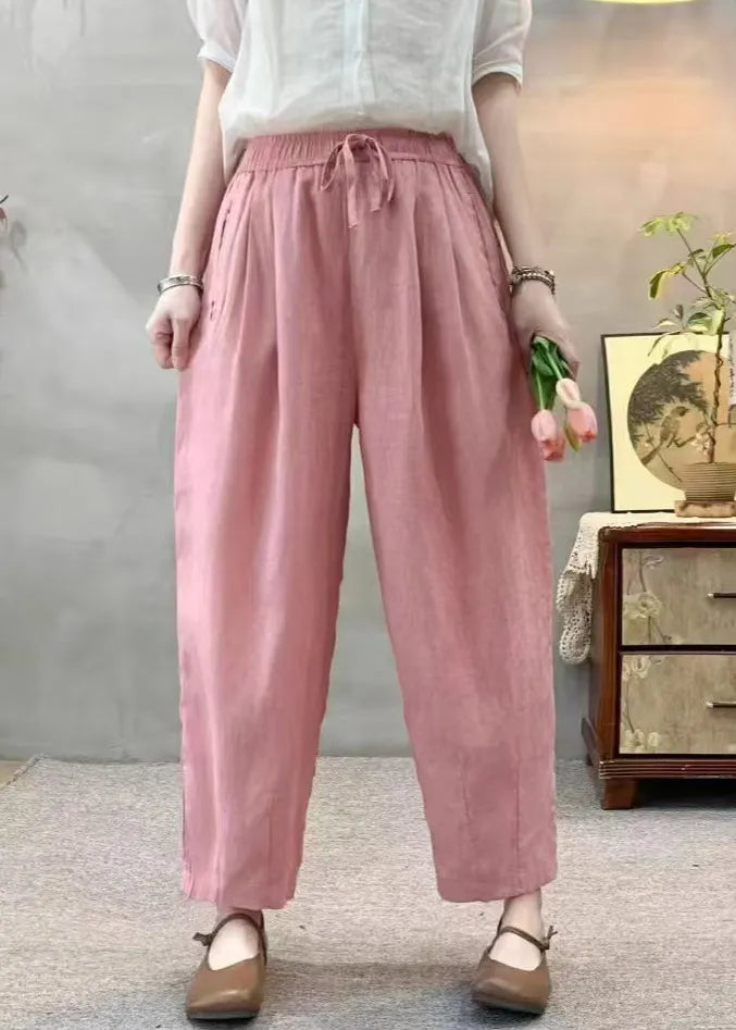 Italian Pink Oversized Pockets Linen Harem Pants Summer