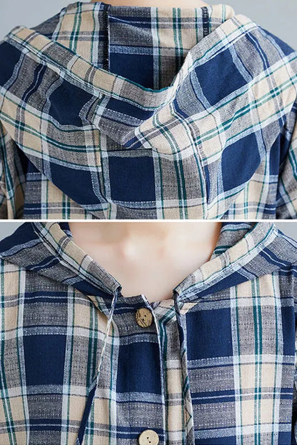 Cotton Linen Plaid Dress Hooded Cardigan