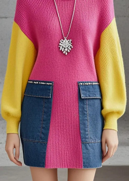 Rose Patchwork Denim Sweater Dress O-neck Fall