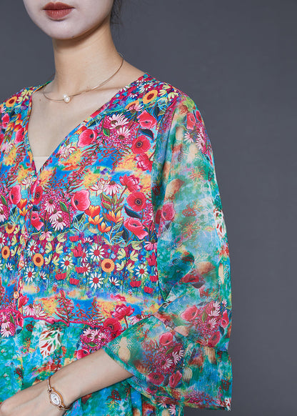 Green Print Chiffon Tea Dresses Bracelet Sleeve
