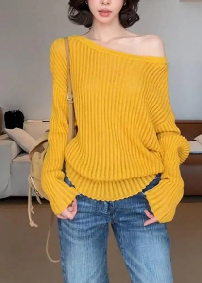 Blue One Shoulder Striped Hollow Out Cotton Knit Sweater Fall