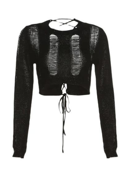 Spicy Girl Style Black Hollow Out Short Knit Top Long Sleeve